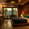 Chambre d'hôtel chaleureuse avec lit double et baie vitrée