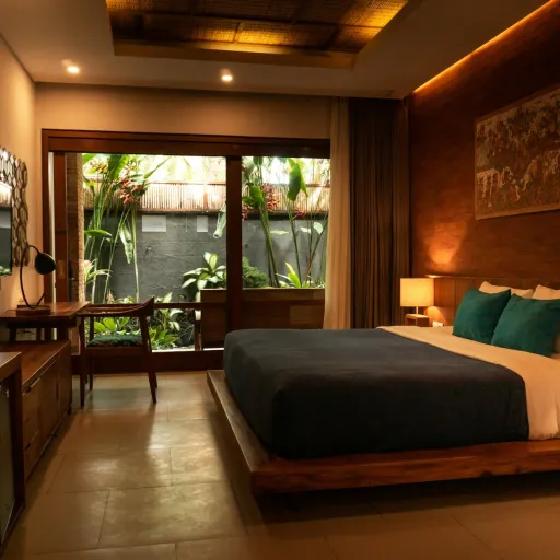 Chambre d'hôtel chaleureuse avec lit double et baie vitrée