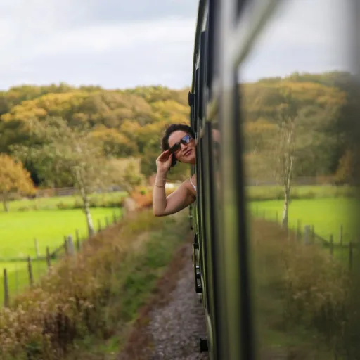 Voyageuse penchée à la fenêtre d'un train traversant la campagne verdoyante