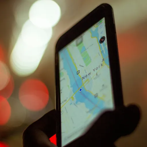 Smartphone affichant un plan de ville utilisé par un voyageur