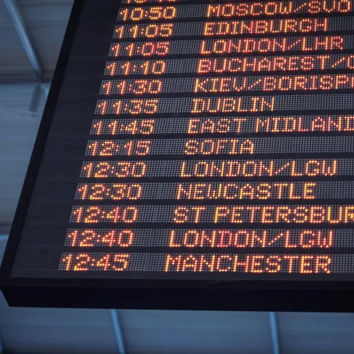 Tableau des départs d'un aéroport avec des vols vers l'Europe