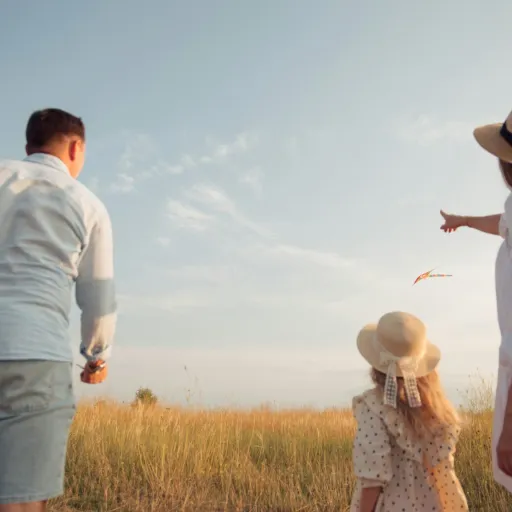 Famille en vacances dans un champ, les enfants observent un cerf-volant
